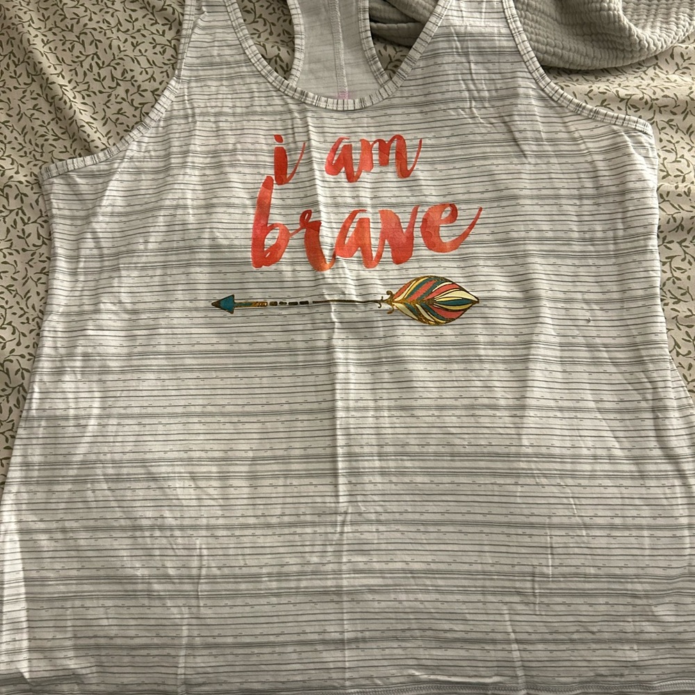 Gray Striped Tank Top with 'I Am Brave' Print